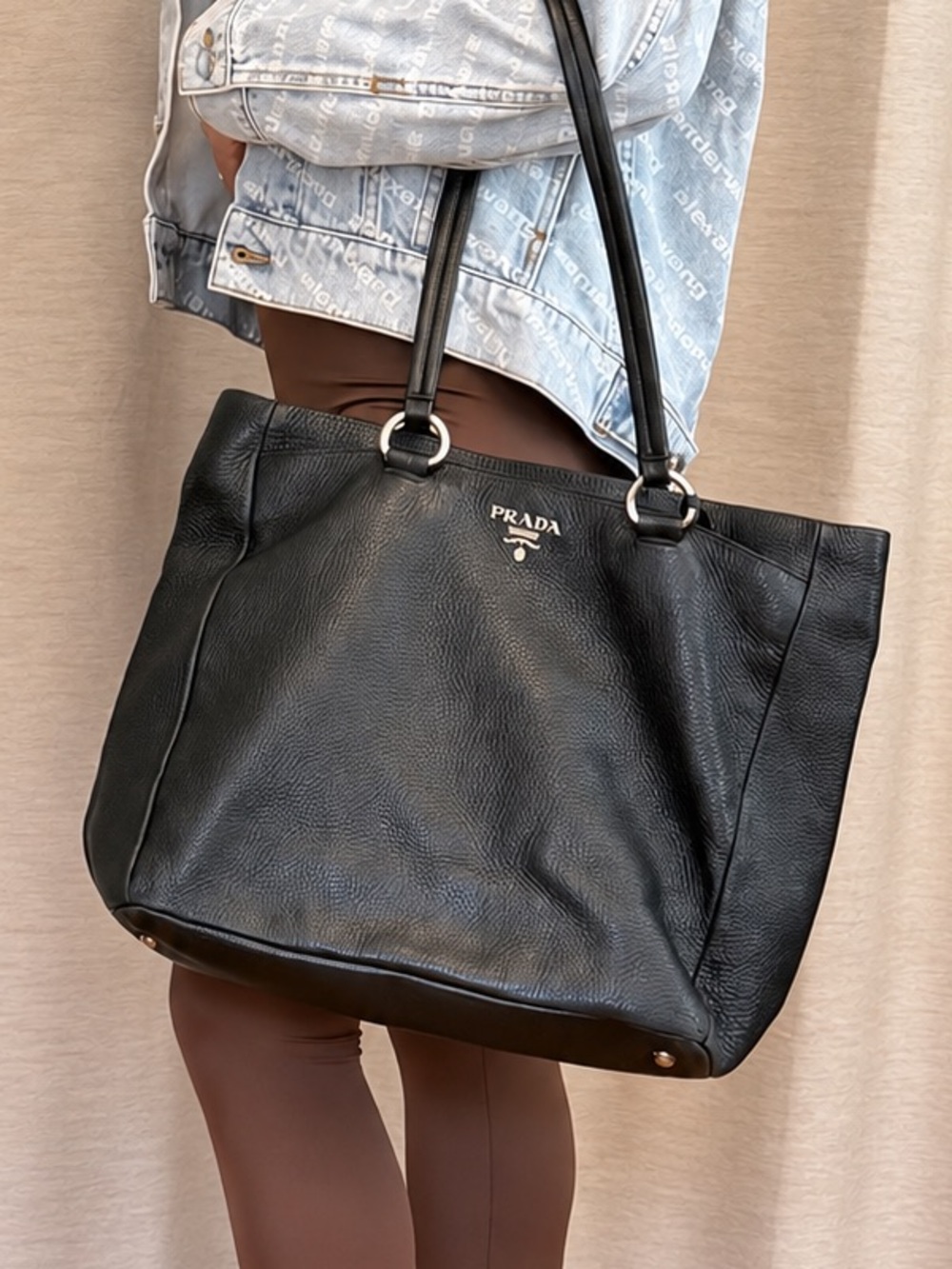 ✨authentic✨ Prada Black Pebbled Leather Tote with Silver Accents